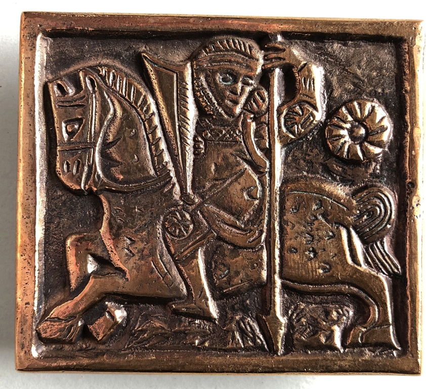 Gürtelschnalle Ritter mit Pferd und Lanze Bronze Frankreich um 1300